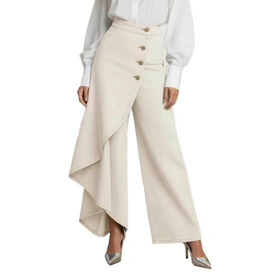 Flowy Jeans for Women High Waisted Asymmetrical Wrap Denim Pants Button Up Wide Leg