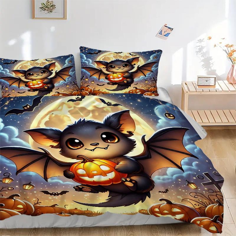 3pcs Cute Bat Halloween Print Bedding Set Soft and Comfortable, Suitable for Use in Bedrooms and Guest Rooms.N024
