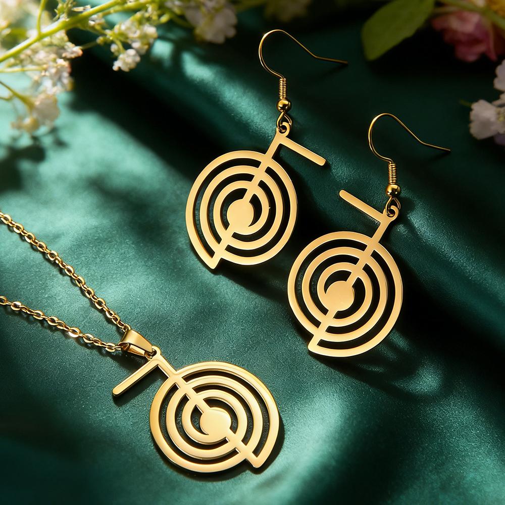 Dawapara Símbolo Reiki Cho Ku Rei Espiritual Conjunto de Joyas de Collar y Pendientes Amuleto de Sanación Geometría Sagrada Joyería de Acero Inoxidable