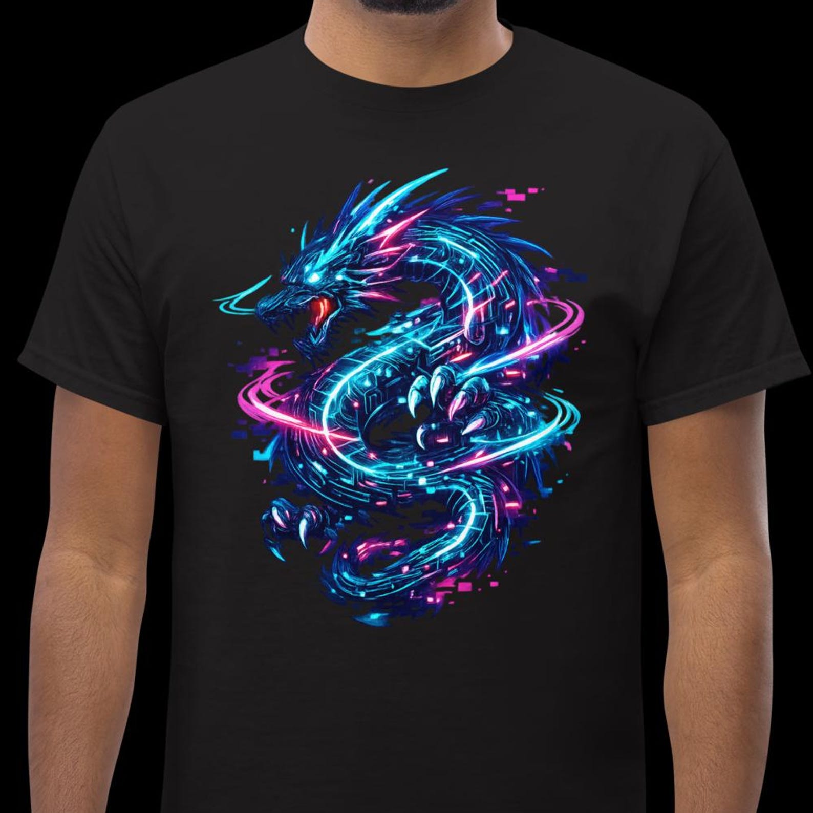 Cyberpunk Neon Dragon T-Shirt, Futuristic Circuit Graphic Tee, Sci-Fi Streetwear Clothing M