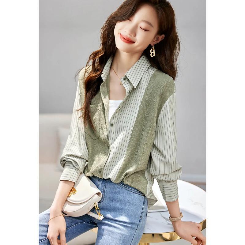 Women s Green Patchwork Striped & Textured Long Sleeve Shirt Casual Button Down Blouse S зелёный