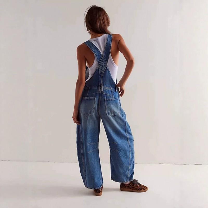 Tuta di jeans da donna a gamba dritta, vestibilità rilassata, stile streetwear, misto cotone