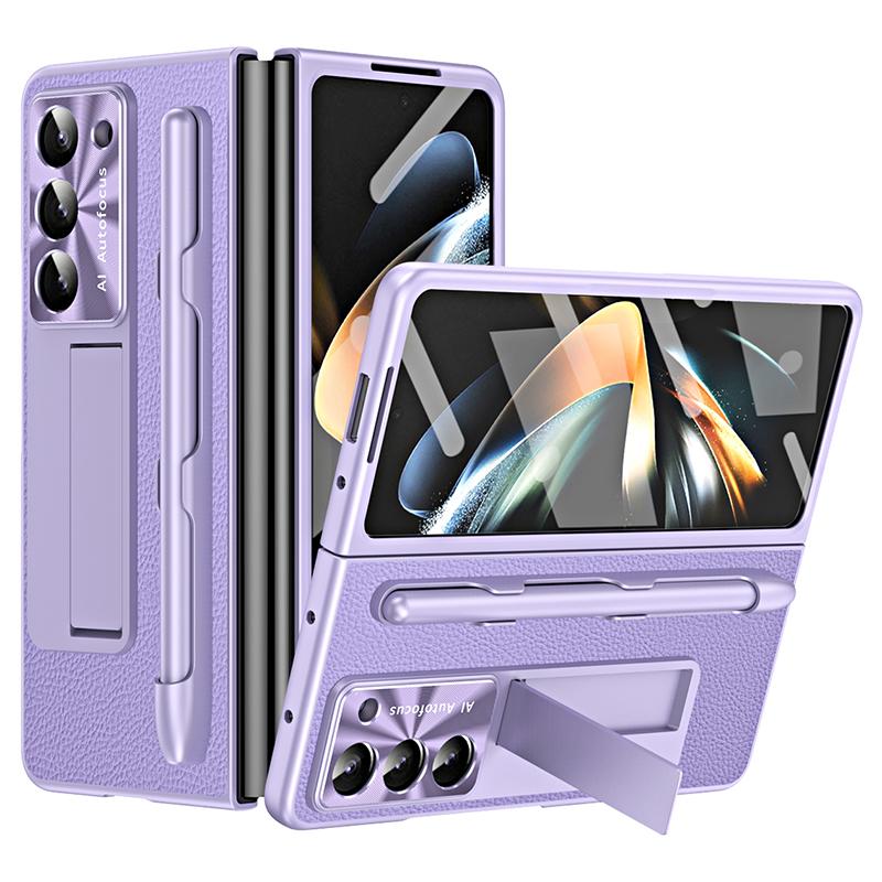 

For Samsung Galaxy Z Fold6 5G Case Kickstand Leather+PC Hard Phone Cover with Screen Film and Stylus Purple
