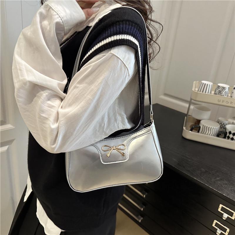 Retro Bow Women Pu Leather Shoulder Bags Simple Solid Color Ladies Underarm Bag Purse Lightweight Portable Female Phe Handbags