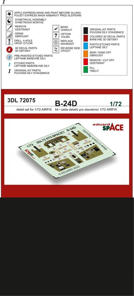 Eduard 1/72 Space B-24D Interior 3D Decal with Etching Parts Set (for Airfix) Plastic Model Decal EDU3DL72075 (Airplane)
