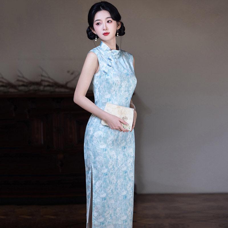 Blue national style new Chinese sleeveless Suzhou long cheongsam improved young 1011 new women's high sense summer