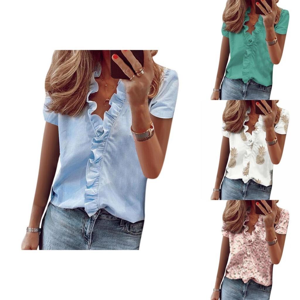 T-shirt da donna alla moda con scollo a V, maniche corte a balze e stampa floreale margherita alla moda