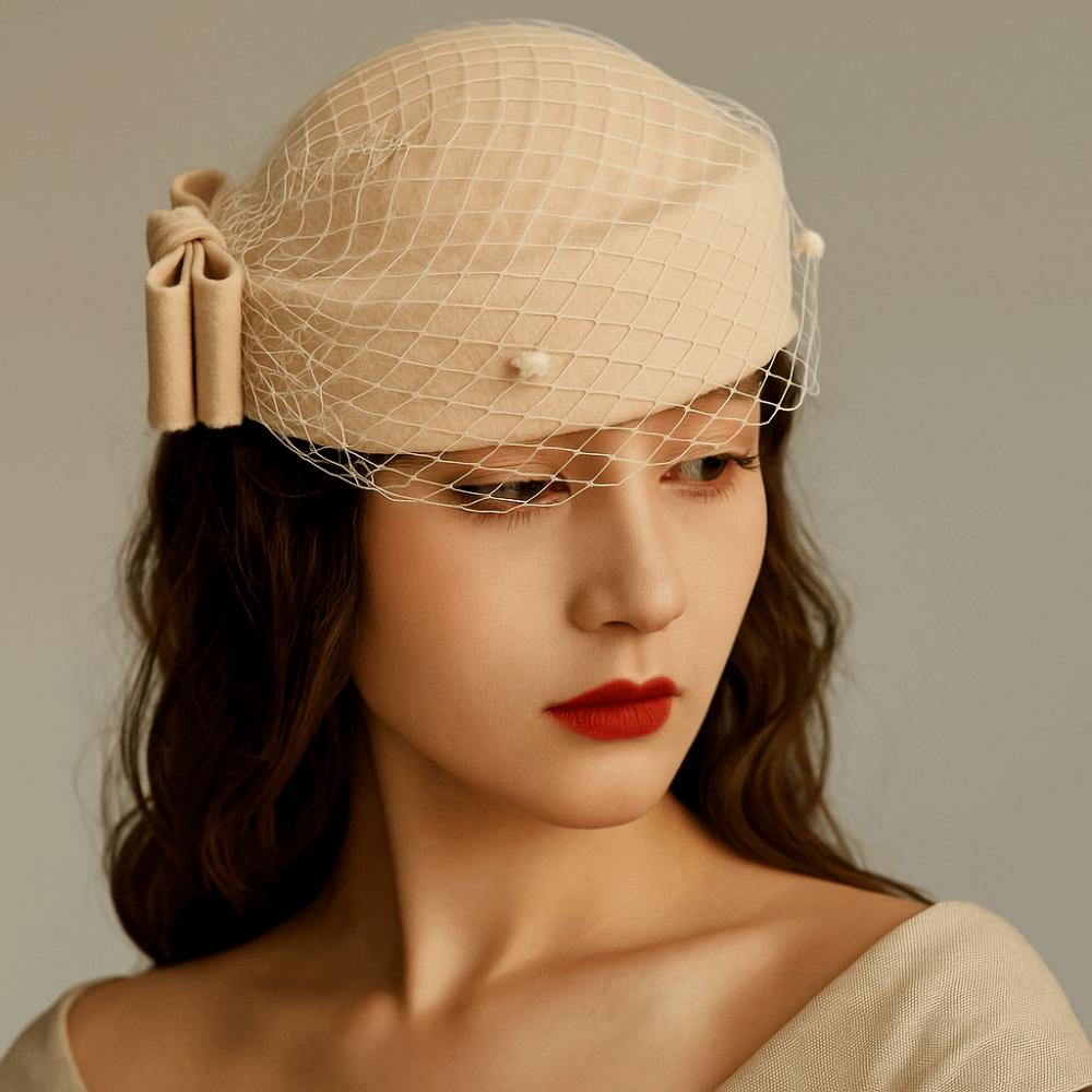 Mesh Pillbox Hat British Style Topper Hat Elegant Wool Bow Hat with Veil  Autumn Winter