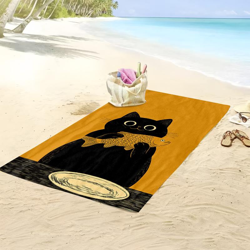 Schwarze Katze Fisch Strandtuch, Künstlerischer Katze hält Fisch Druck Weiche Mikrofaser Unisex für Schwimmen Reisen Camping Spaß