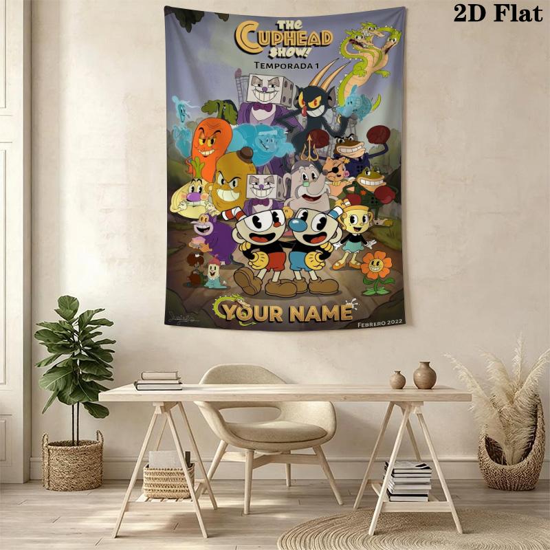 Name Custom Cuphead Wall Tapestry Aesthetic Wall Hanging Printed Fabric Blanket Decorative Tapestries for Bedroom Living Room Home Decor