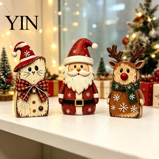 Solid Wood Seasonal Centerpiece 3Pcs Rustic Wooden Halloween Cat Tabletop Decor, Farmhouse Black Figurine Indoor Party Supplies with Witch Hat, Autumn