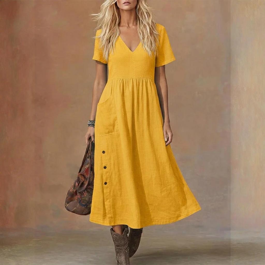 Women's V-neck Short-sleeved Mid-length Loose-fitting Dress With Pockets And Casual