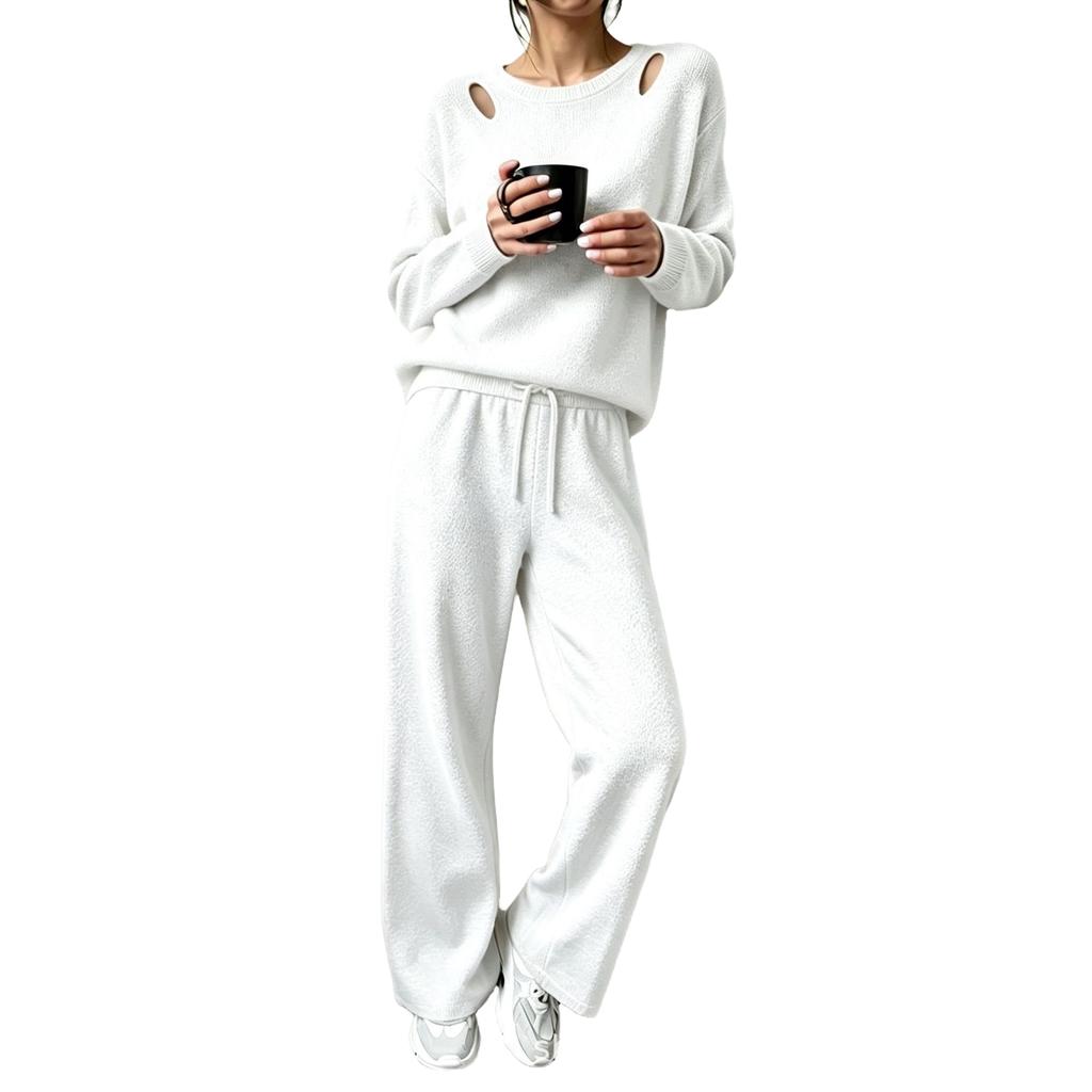 Women's Cutout Off-the-Shoulder Long Sleeve Knit Two-Piece Set for Casual Wear