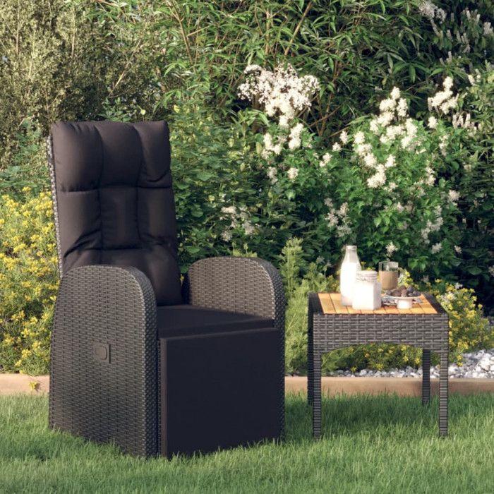 Chaise inclinable de jardin - Noir - Résine tressée - Coussins inclus - Résistante aux intempéries
