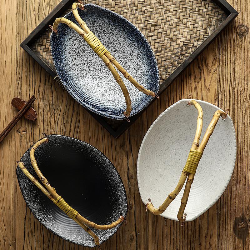 Japanese Ceramic Sushi Plate with Bamboo Handle – Creative Hanging Fruit & Dessert Tray