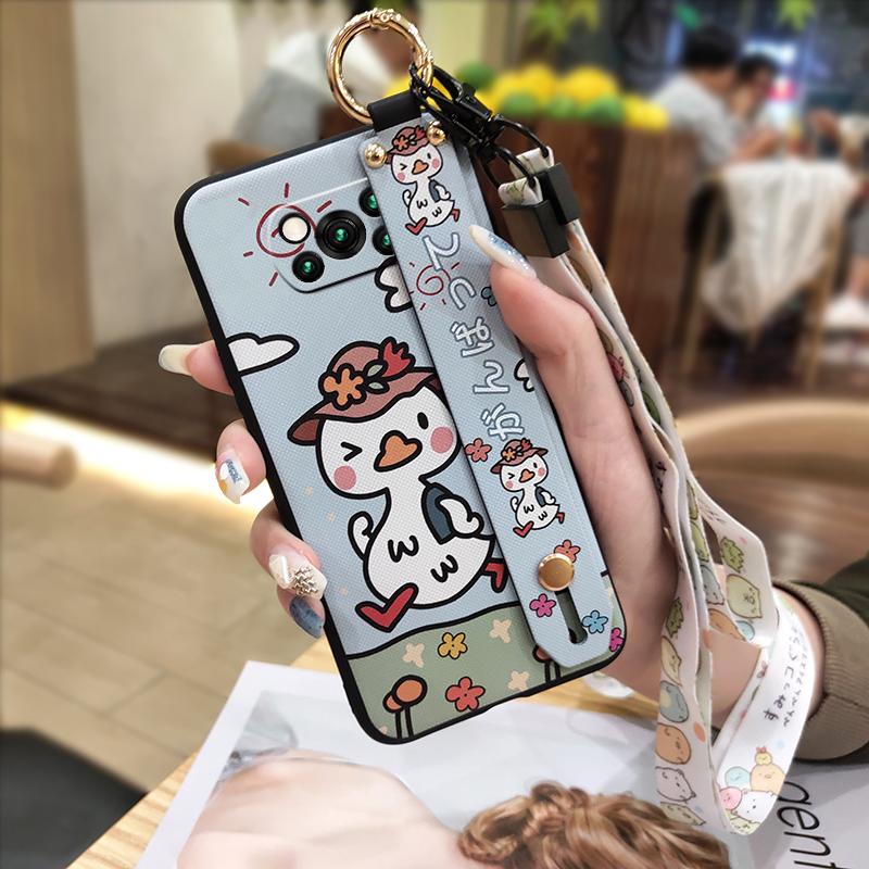 Anti-dust Kickstand Phone Case For Xiaomi Poco X3 NFC/X3 Pro Wristband Lanyard Dirt-resistant Back Cover Cartoon Ring