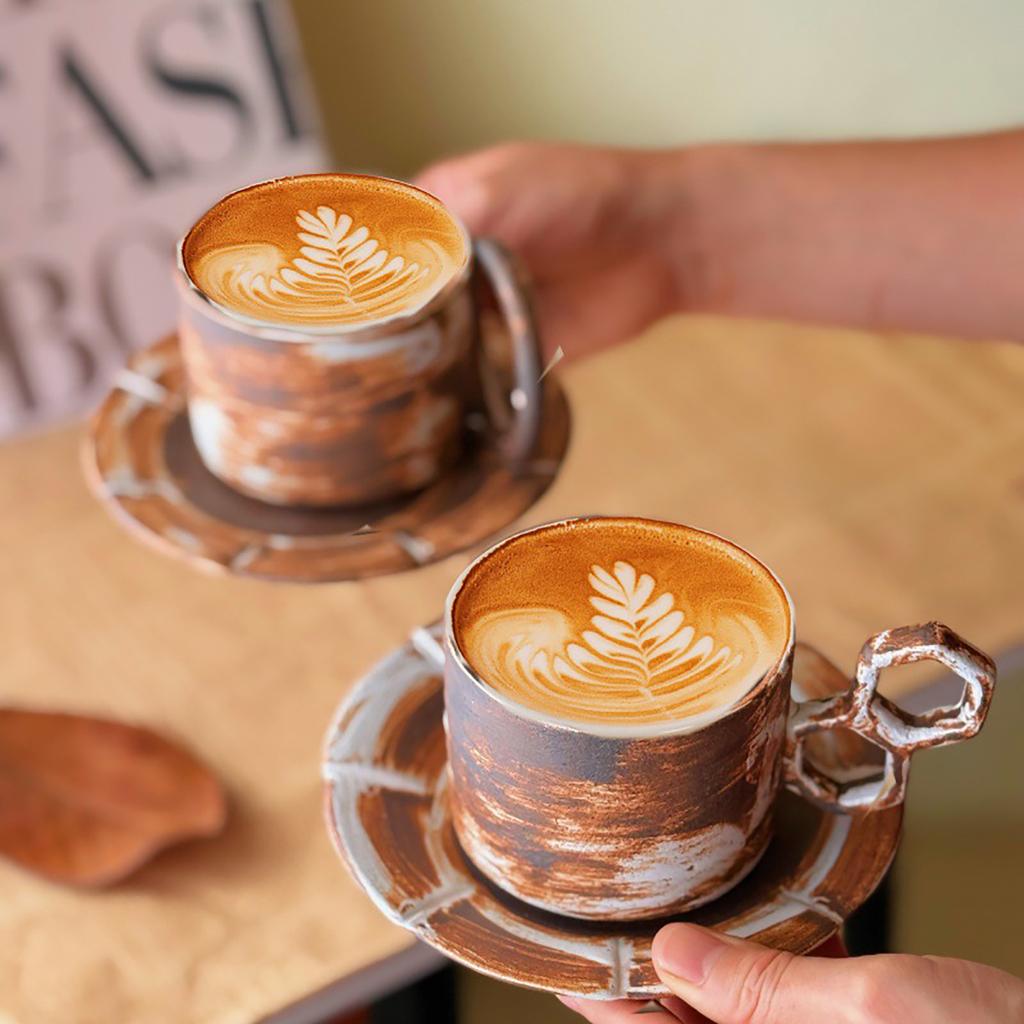 Handcrafted Ceramic Coffee Cup and Saucer Set 7.4 Oz Mug with Unique Handle Rustic Glazed Finish Modern Design for Espresso Tea