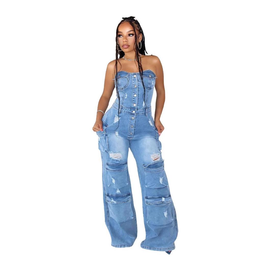 Europeisk og amerikansk avslappet stroppeløs slim-fit denimjumpsuit for kvinner
