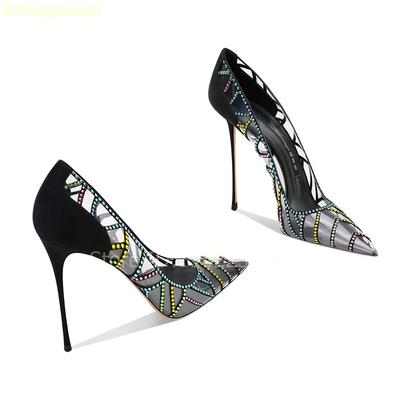 Schwarze Transparente Bunte Strass Glitzer Glitzer Pumps 2025 Frühling Neu Spitz Zehen Stiletto Hohe Absätze Flache Sandalen