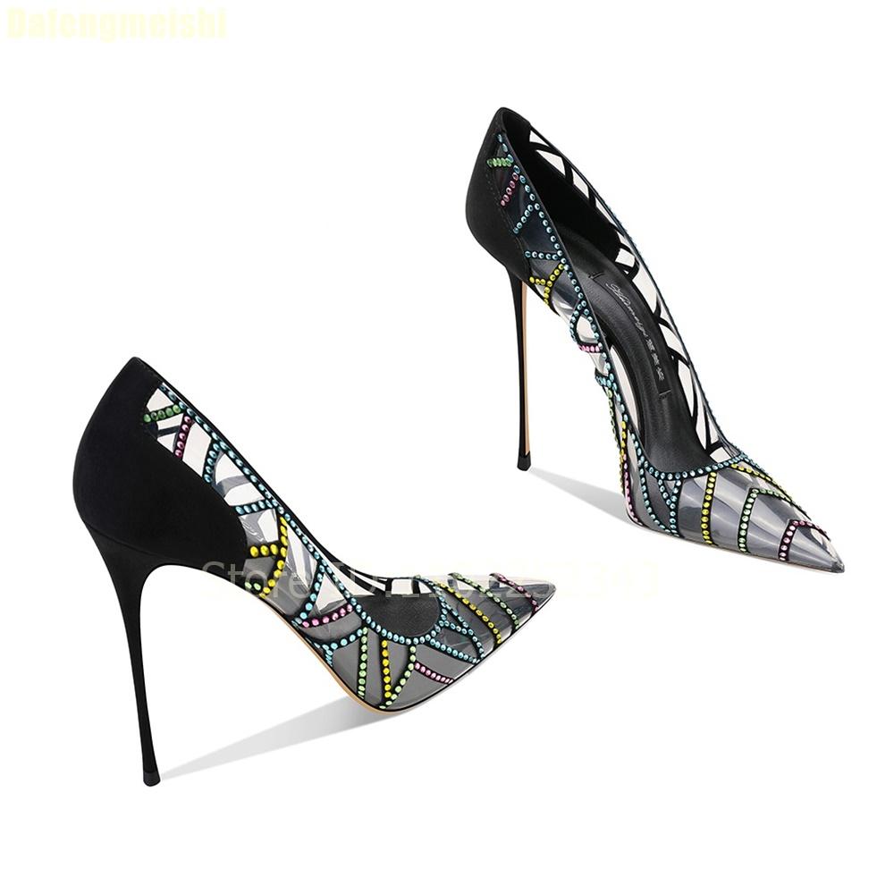 Fashion Black Transparent Colorful Rhinestone Bling Bling Pumps 2025 Spring New Pointed Toe Stiletto High Heels Shallow Fashion Sandals