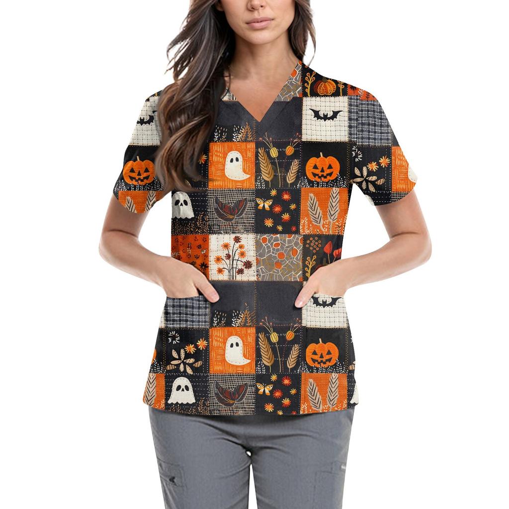 Women's Cute Printed Work Clothes V-neck Double Layer Pockets Basic Short Sleeve Top Pullover Valentines
