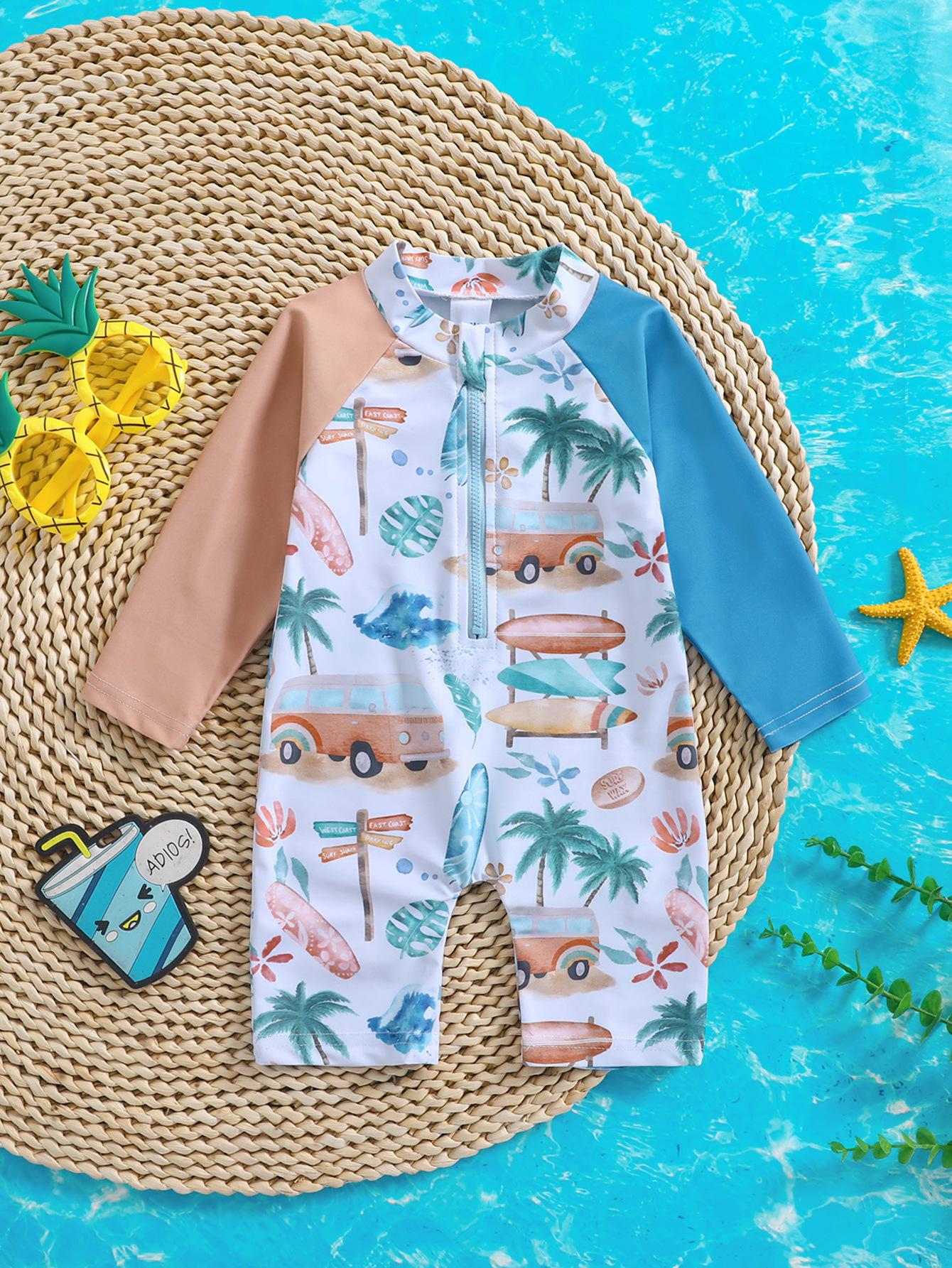 

Купальник с длинным рукавом, колор-блок, цельный, для младенцев 18-24 Months небесно-голубой