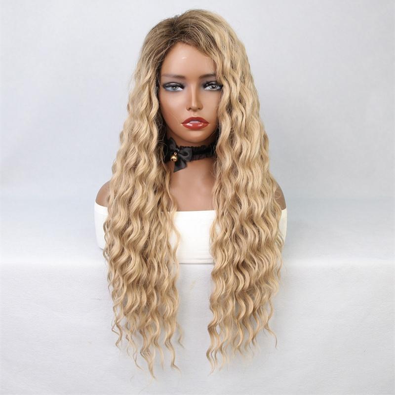 Syntetisk Hår Lang Blond Krøllete Parykker for Kvinner Bølgete Parykk Mørke Røtter Ombre Parykker Luftig Sjarmerende Daglig Fest Dameparykker