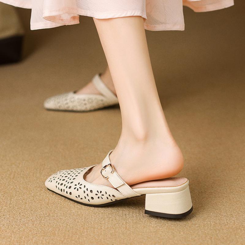 Summer Women's Bag Head Slippers Casual New Mid-heel Soft-soled Slippers Women's Solid Color One-pedal Size Cool Slippers