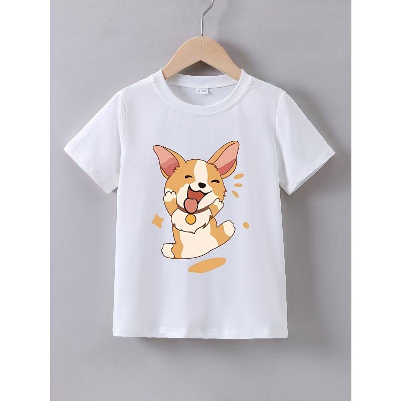 Kids Crewneck Short Sleeve Tee, Cute Corgi Puppy Letter Print Round Neck Summer Casual Top
