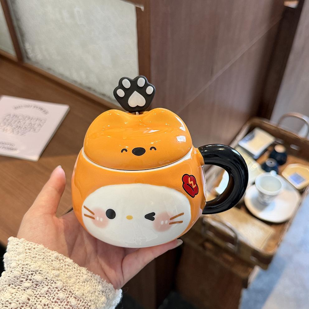 Katzenbecher mit Deckel Löffel hoher Wert Ins-Stil Paarbecher Keramik Trinkbecher für Mädchen Geburtstagsgeschenk