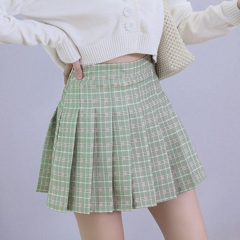 Qooth School Style Plaid Pleated Skirt XS-2XL Size Girl Sweet  Mini Skirt For Spring Summer QT2224