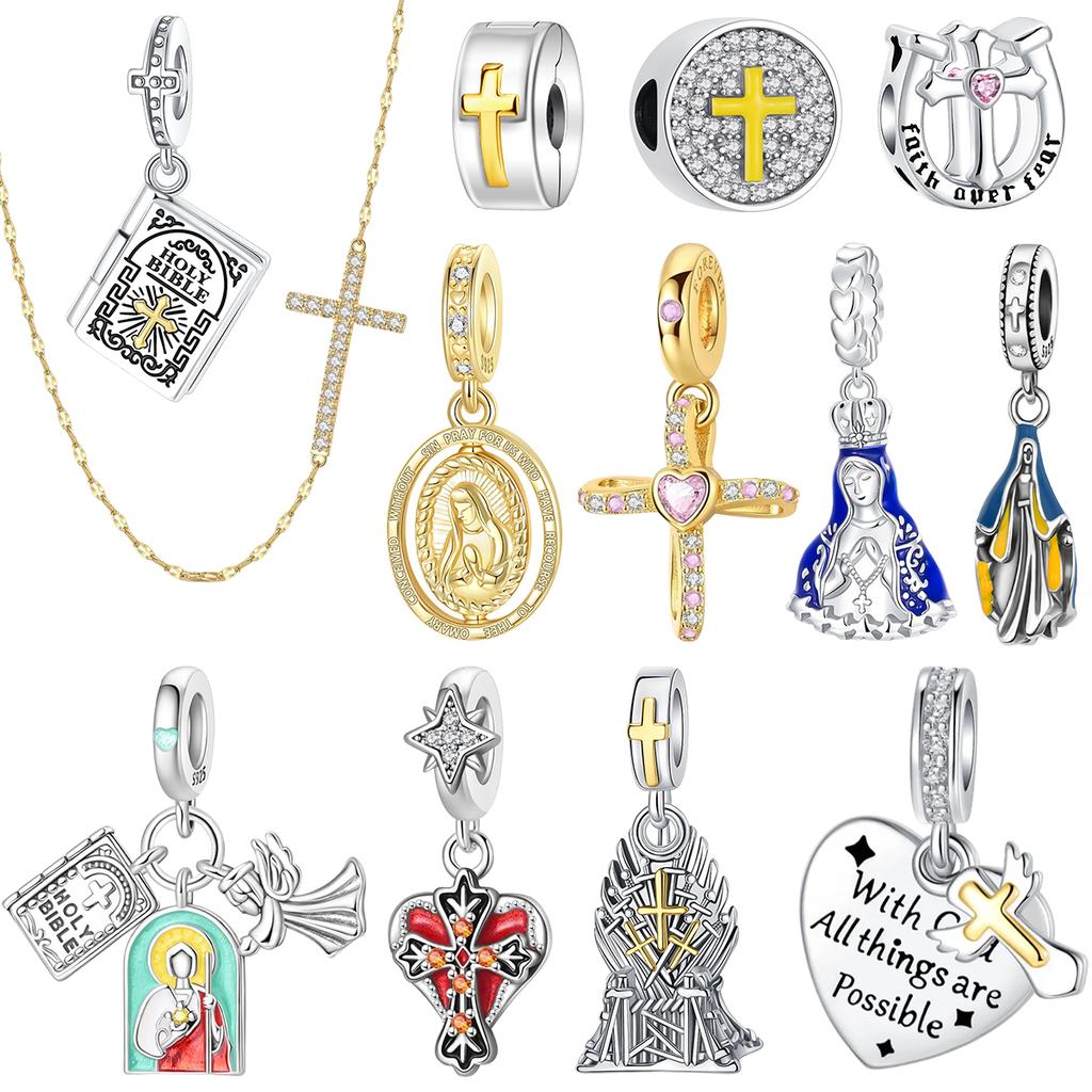 925 Silver Christian Charms Holy Bible Cross Virgin Mary Beaded Bracelet Jewelry Faith Slogan Gift for Religious Women