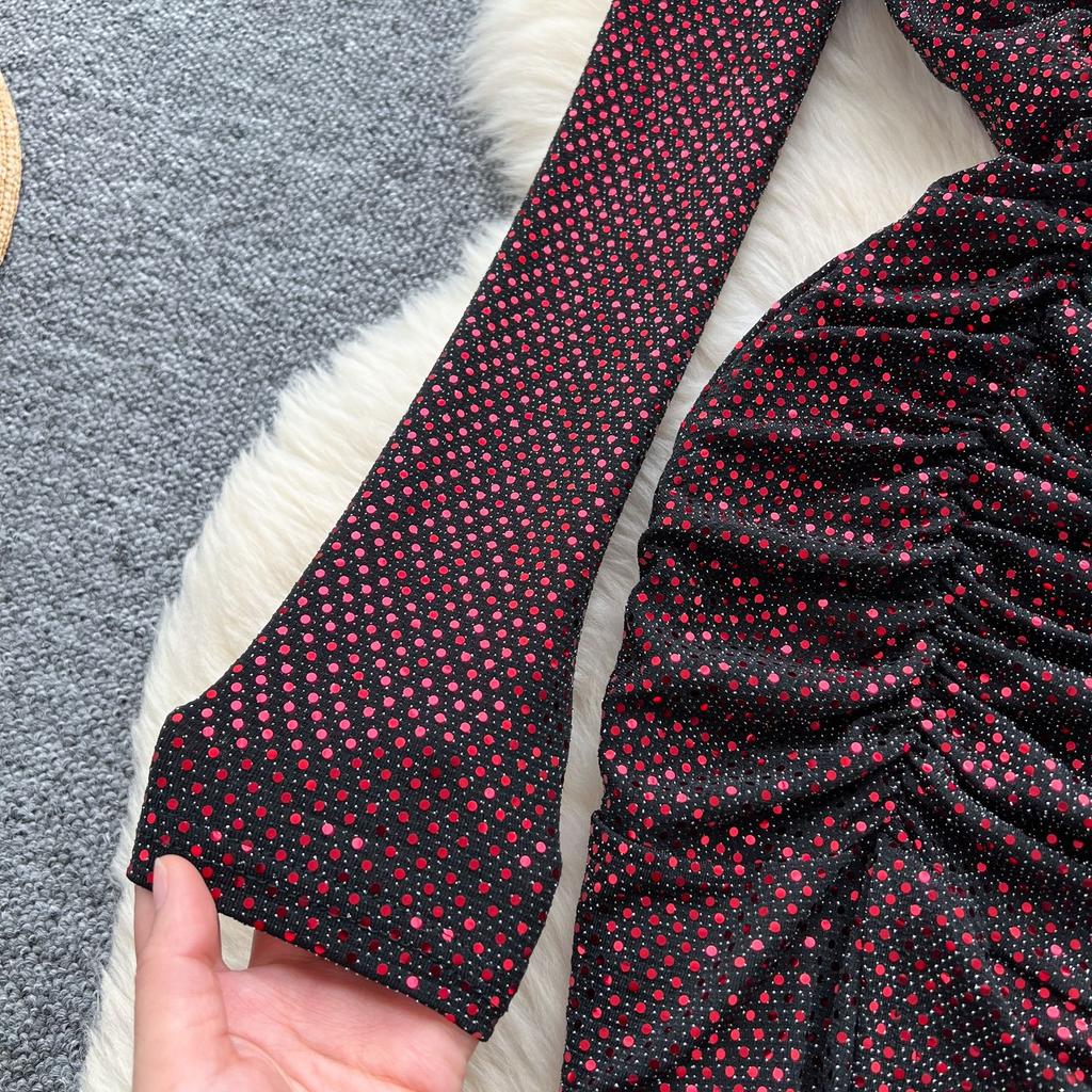 Women's Sequins Glitter Dress Autumn Pleated Waist Slim Split Package Hip Dress