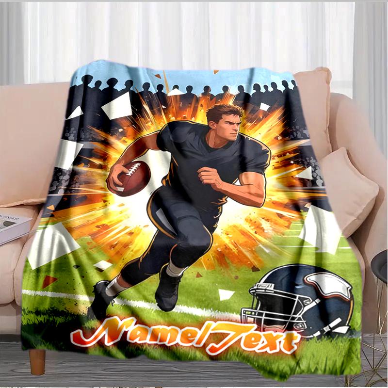 1PC Custom Name Football Player Action outdooor Flannel blankets Throw Blanket All-Season Throw Gift Bedspread for Couch, Bed, Camping Holiday Birthda