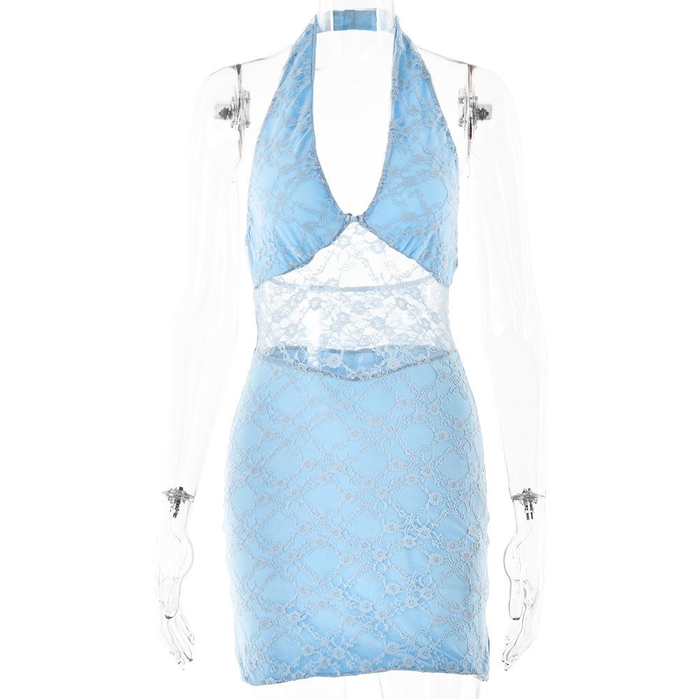 

European and American spring hot-selling new dresses, sexy and trendy V-neck neck lace splicing halter skirts S