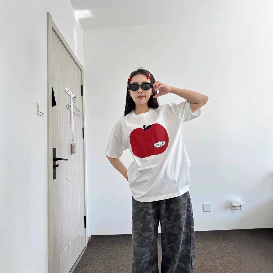 

Корейская белая хлопковая футболка с принтом яблок для женщин - Свободная, повседневная и универсальная 3XL Premium белый