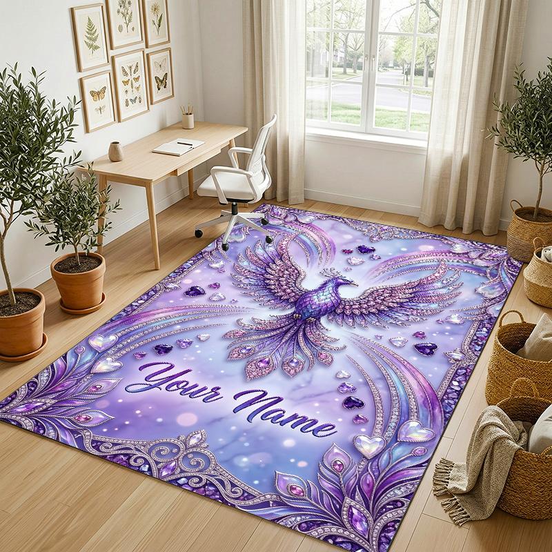 Dragon Phoenix Theme Crystal Velvet Rug Personalized Custom Name Text Soft Floor Mat Home Decor