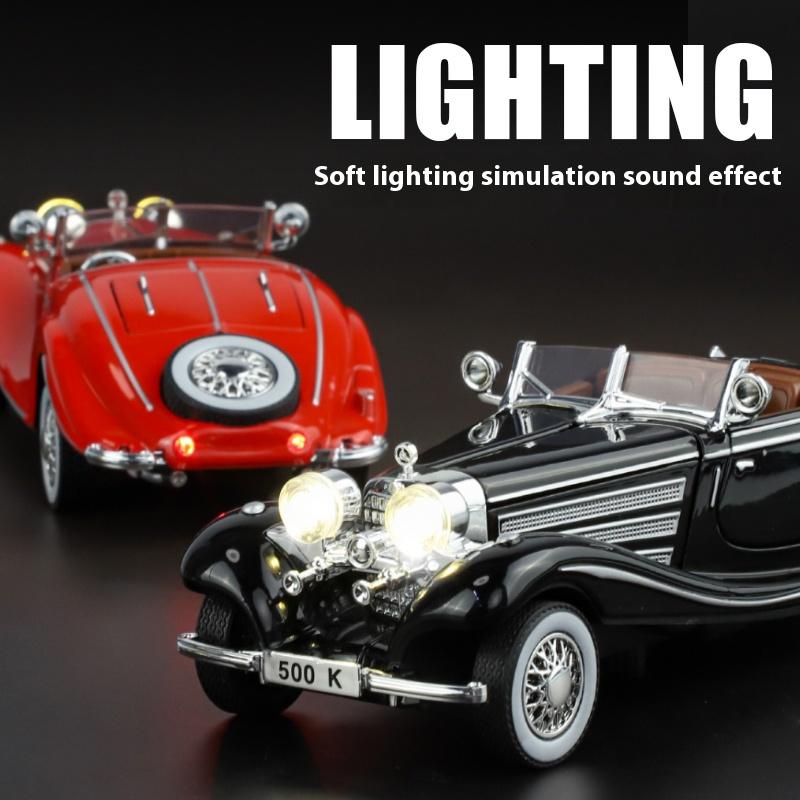 1/32 Alloy Die Cast Benz 500K Car Model Simulation Sound Light Retro Car Toy Ornaments Boys Birthday Gift Christmas Halloween