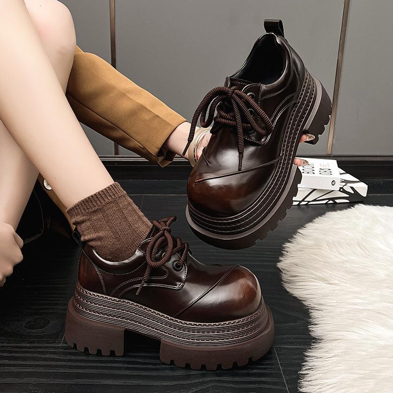 Muffin Sole Personalized Big Head Low-top Shoes 2025 Spring New Thick-soled Thick Heel Lace-up Casual Small Leather Shoes Loafers