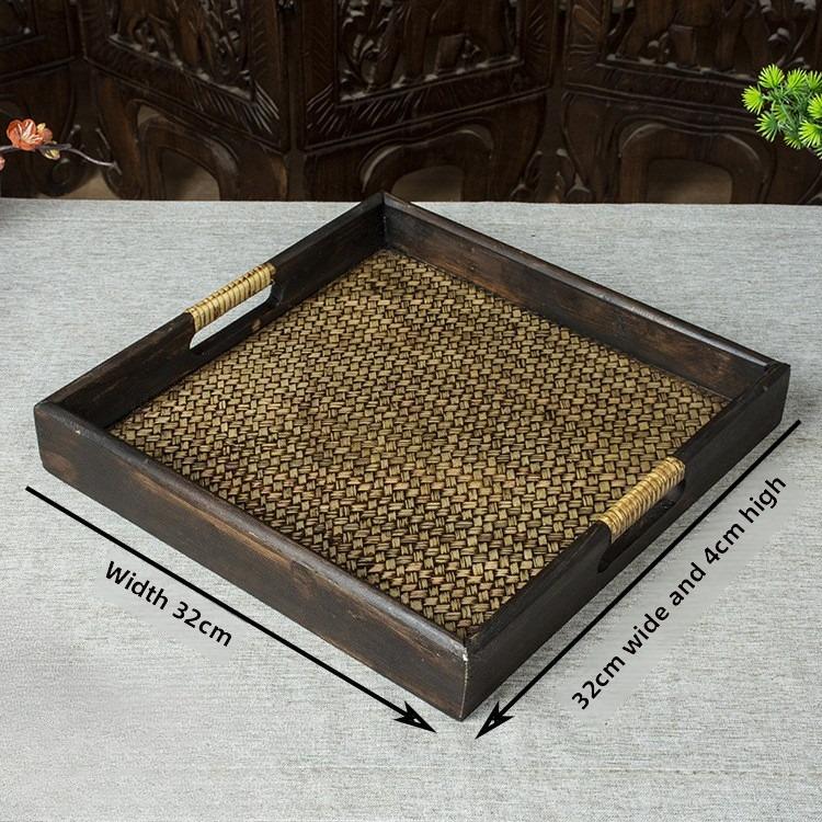 Thai Style Rattan Wooden Tray Southeast Asian Beauty Salon Hotel Tea Cup Storage Serving Tray