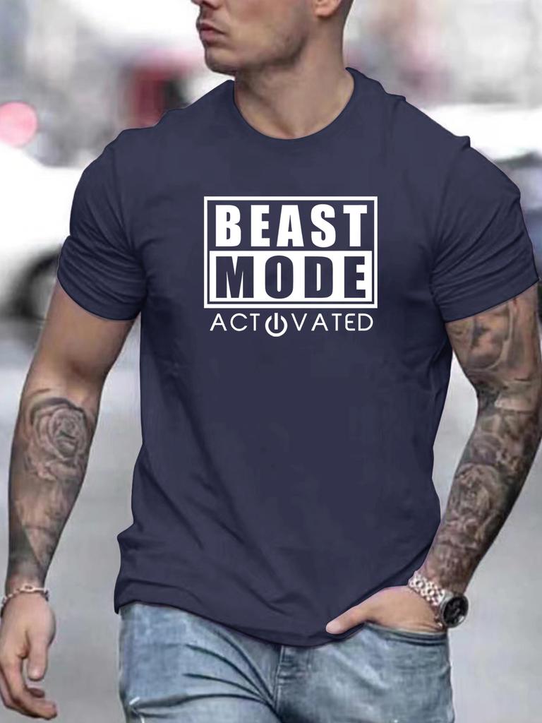 Comfy BEAST MODE Print Men's Short Sleeve T-shirts - Breathable Casual Tops For Fitness Training, Jogging