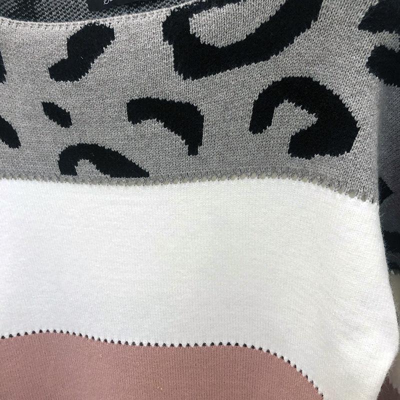 Striped Leopard Print Round Neck Pullover Sweaters Women Fashion Loose Vintage Knitted Sweater Woman Autumn Long Sleeve Casual Winter Clothing 25142
