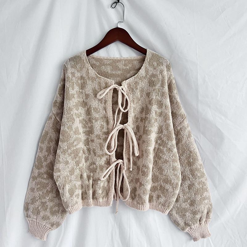 New In Leopard Print Round Neck Lace-up Knitted Cardigan Women Autumn Winter Trendy Streetwear Sweater Coats