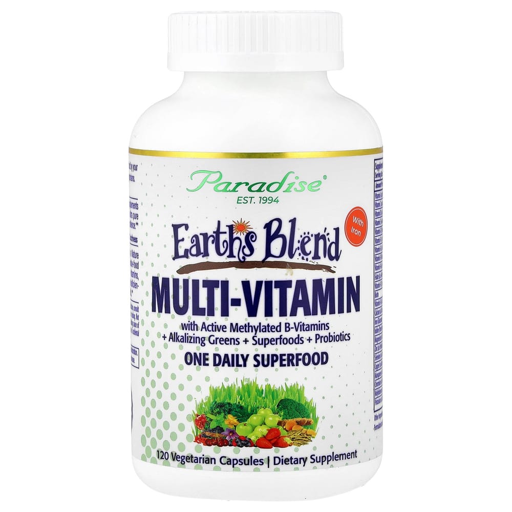 Paradise Herbs Earth's Blend One Daily Superfood Multivitamin with Iron, 120 Veggie Capsules