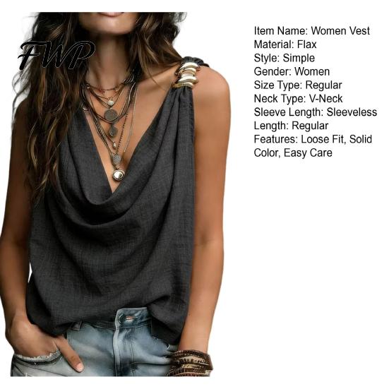 Tank Tops Women Vest V-Neck Sleeveless Loose Fit Camisole with Pleated Date Night Front Asymmetrical Collar Metallic Detail Ruffled Party Wear