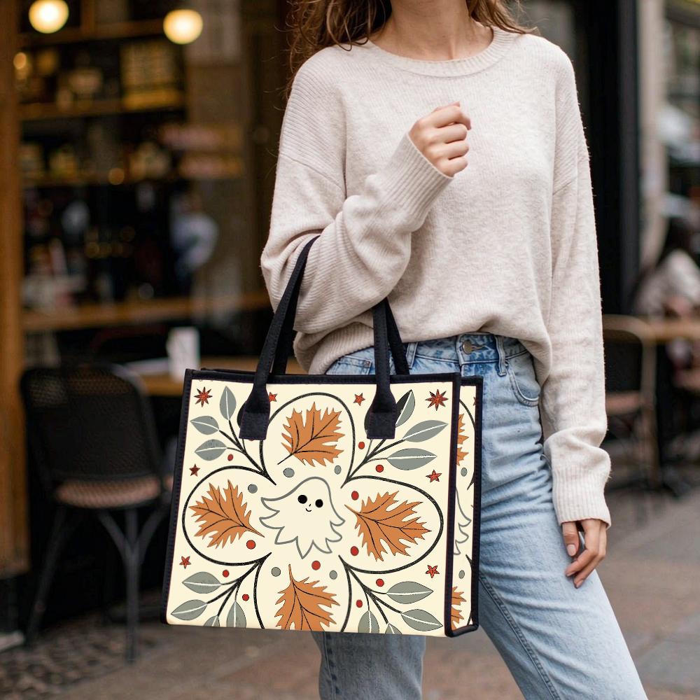 Cute Ghost Fall Leaf Printed Tote Bag Casual Handbag for Daily Use