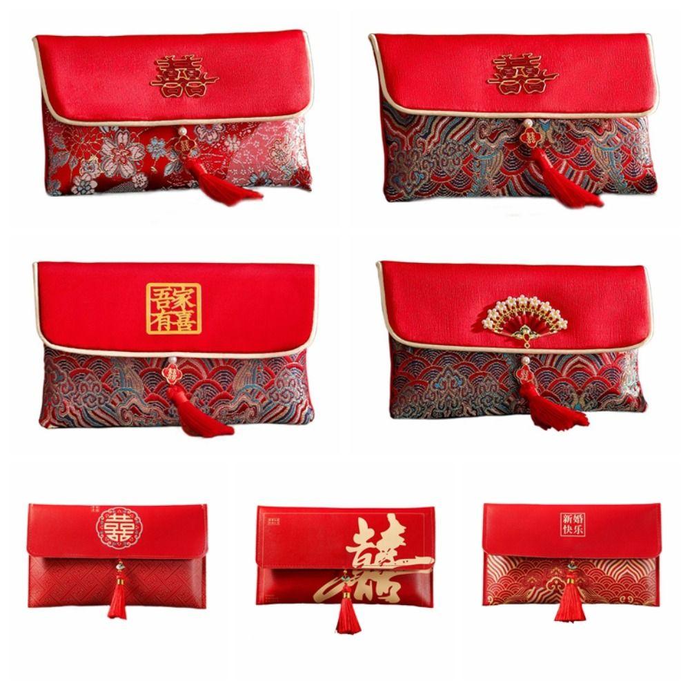 Chinese New Year PU Lucky Red Pockets Button Blessing Words Tassel Red Envelop PU Leather Spring Festival