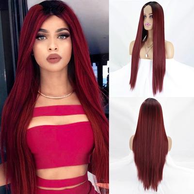 Peluca de pelo largo y liso para mujer, pelo rojo vino, parte media, Cosplay, fibra sintética Natural resistente al calor, Rubio, Negro, Rosa, falso diario