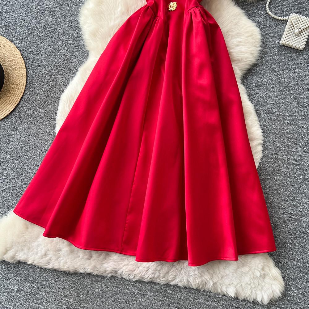 Elegant Sleeveless Satin Dress for Women Luxurious Solid Color Flower Buttons Summer Autumn Formal Evening Party Vestidos