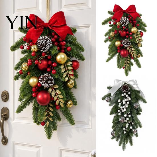 Rustic Pine Cone Red Berry Swag Christmas Teardrop Decoration, Artificial Wreath with Berries Cones Front Door Decoration And Bow for Door,